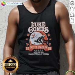 Hot Virginia Cavaliers helmet worn by Luke Combs at Scott Stadium, Charlottesville, April 4, 2026, featured on tank top.