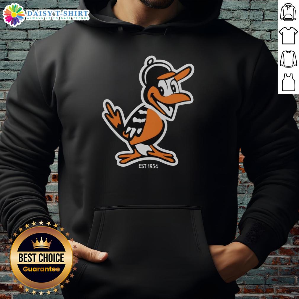 Hot Zay wearing a Baltimore Orioles mascot hoodie, celebrating team spirit and style since 1954.
