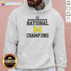 2026 Michigan Wolverines Men's Ice Hockey Frozen Four Champions hoodie in navy blue with team logo and championship design.