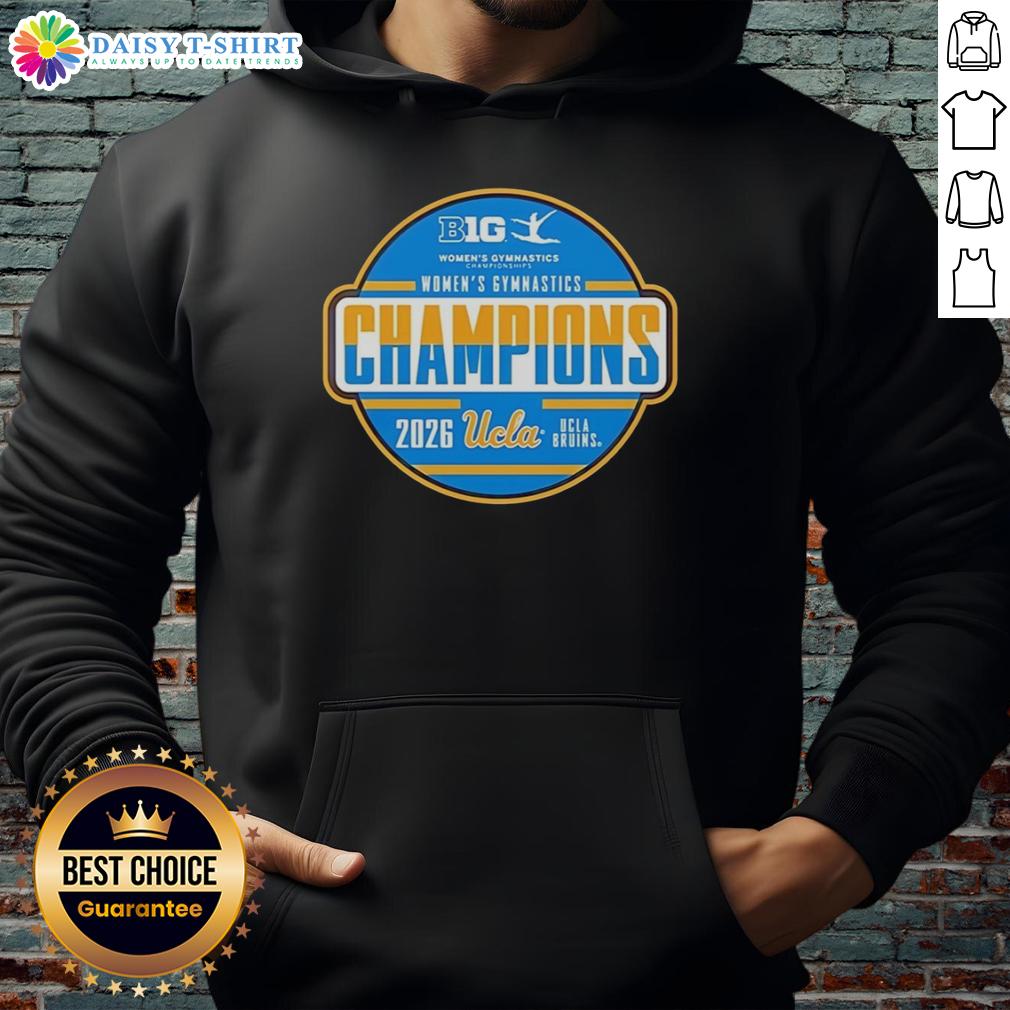 Alt Text: 2026 UCLA Bruins Women's Gymnastics Champions logo hoodie, featuring vibrant colors and iconic team branding.