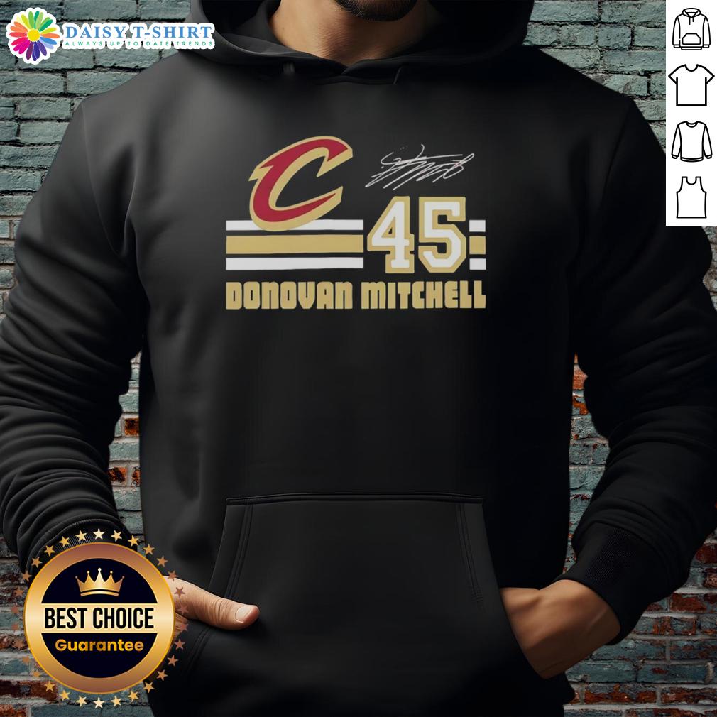 Alt Text: Official Donovan Mitchell Cleveland Cavaliers hoodie featuring signature name and number design, perfect for fans.