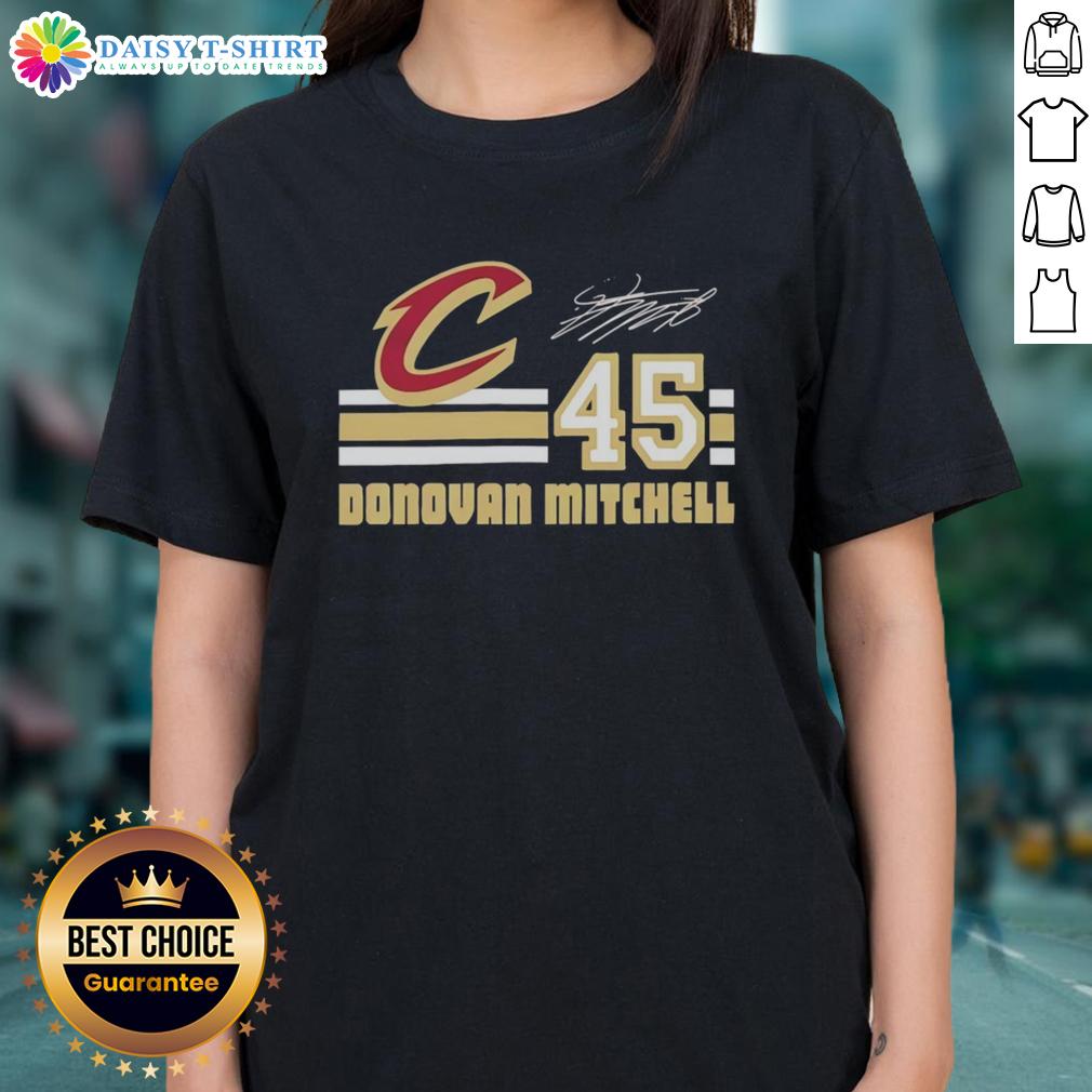 Alt Text: Official Donovan Mitchell Cleveland Cavaliers signature ladies tee featuring name and number design for fans.