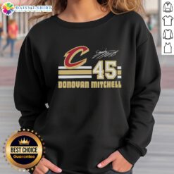 Alt Text: Official Donovan Mitchell Cleveland Cavaliers signature sweatshirt featuring his name and number for fans.