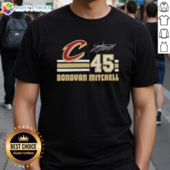 Alt Text: Official Donovan Mitchell Cleveland Cavaliers signature t-shirt featuring his name and number for fans and collectors.