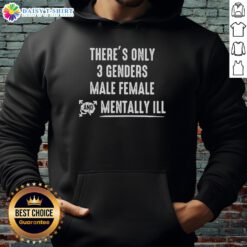 Official 'There's Only 3 Genders: Male, Female, and Mentally Ill' hoodie design featuring bold text on a stylish background.