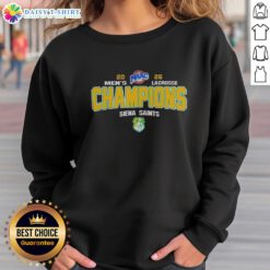 2026 NCAA Siena Saints MAAC Men's Lacrosse Tournament Champions sweatshirt featuring team colors and logo.