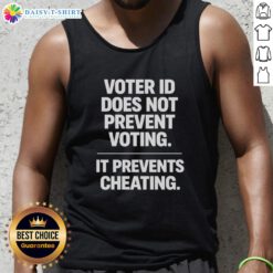 Original Voter ID tank top design emphasizing that it prevents cheating, not voting, with bold graphics and vibrant colors.