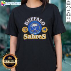 Alt Text: Premium Buffalo Sabres ice hockey Ets Go Buffalo 716 ladies tee in vibrant blue, perfect for fans.
