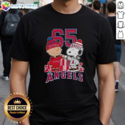 Pretty Charlie Brown and Snoopy Los Angeles Angels 65th Anniversary T-Shirt featuring city skyline, 1931-2026 design.