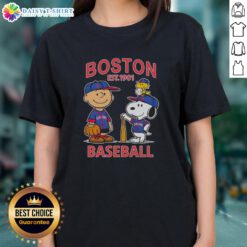 Pretty Charlie Brown and Snoopy Boston Red Sox basketball ladies tee, established 1901, showcasing playful cartoon design.
