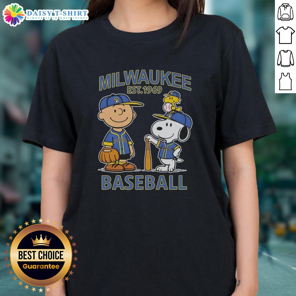 Pretty Charlie Brown and Snoopy Milwaukee Brewers basketball tee for ladies, established 1969, featuring colorful design.