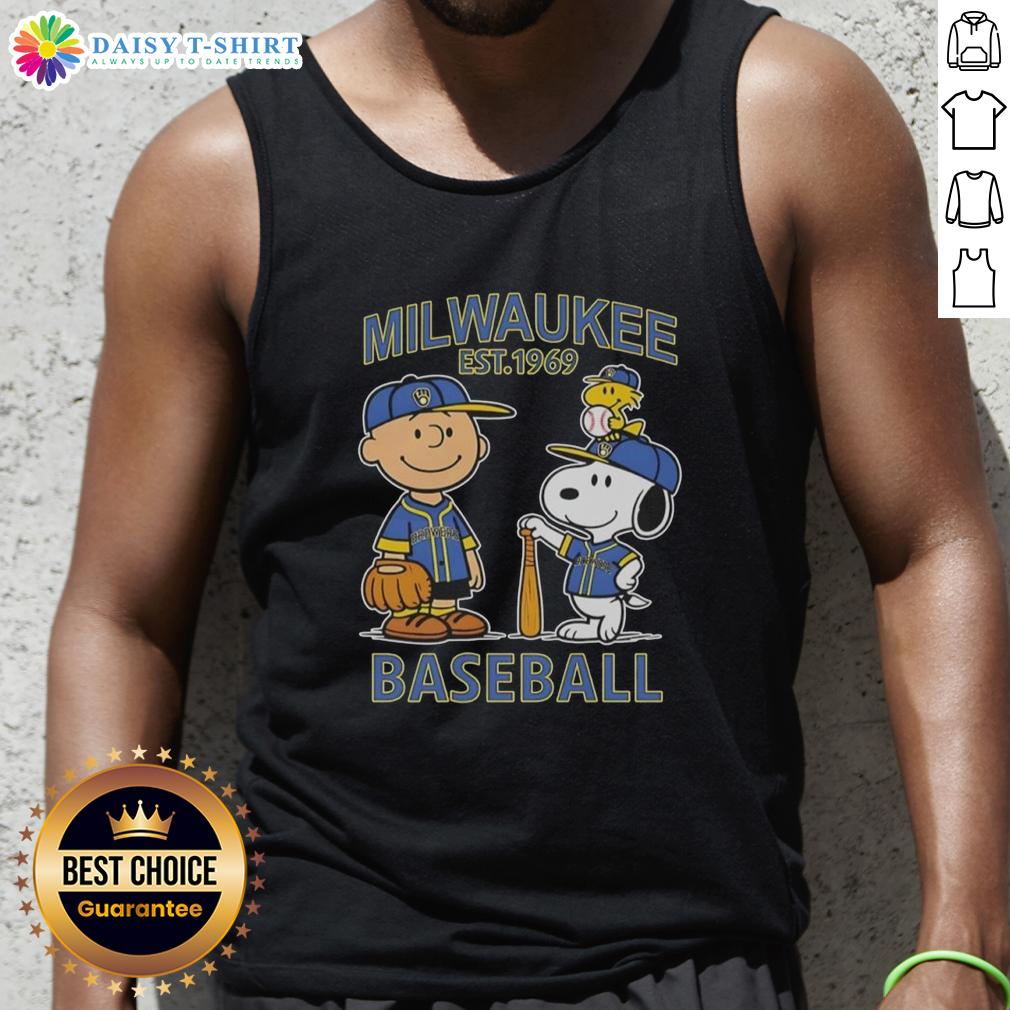 Pretty Charlie Brown and Snoopy X Milwaukee Brewers basketball tank top, established 1969, showcasing playful design.