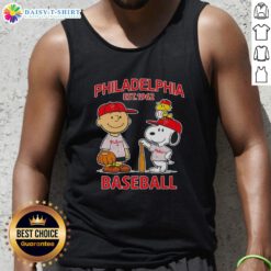 Pretty Charlie Brown and Snoopy X Philadelphia Phillies basketball tank top, established 1962, featuring vibrant graphics.