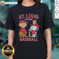 Pretty Charlie Brown and Snoopy St. Louis Cardinals Basketball tee for ladies, established 1882, featuring vibrant graphics.