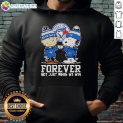 Charlie Brown fist pump in Toronto Blue Jays hoodie celebrating fandom with Snoopy, 'Forever, Not Just When We Win.'