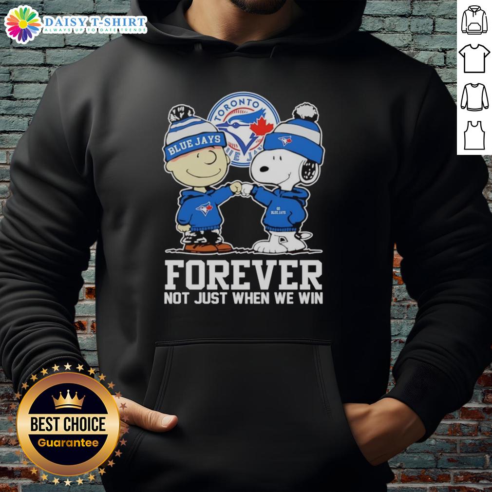Charlie Brown fist pump in Toronto Blue Jays hoodie celebrating fandom with Snoopy, 'Forever, Not Just When We Win.'