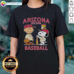 Pretty Charlie Brown, Snoopy, and Woodstock in Arizona Diamondbacks jersey tee for ladies, established 1998.