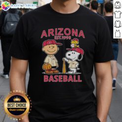Alt Text: Charlie Brown, Snoopy, and Woodstock in Arizona Diamondbacks jersey T-shirt, celebrating baseball since 1998.