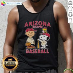 Pretty Charlie Brown, Snoopy, and Woodstock wearing Arizona Diamondbacks jersey 1998 tank top, fun baseball apparel.