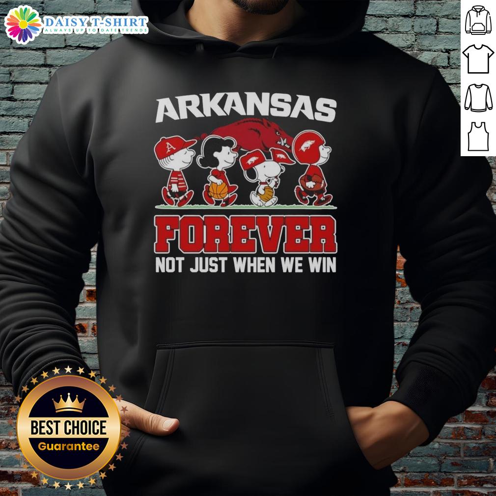 Alt Text: Cartoon characters on a hoodie with 'Pretty Peanuts X Arkansas Razorbacks Forever Fan' slogan for true fans.