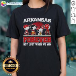 Alt Text: Pretty Peanuts x Arkansas Razorbacks Forever Fan tee featuring cartoon characters, perfect for true fans.