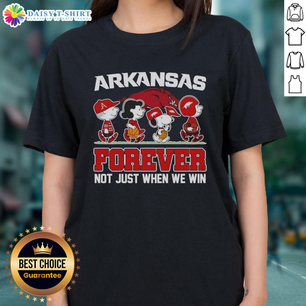 Alt Text: Pretty Peanuts x Arkansas Razorbacks Forever Fan tee featuring cartoon characters, perfect for true fans.