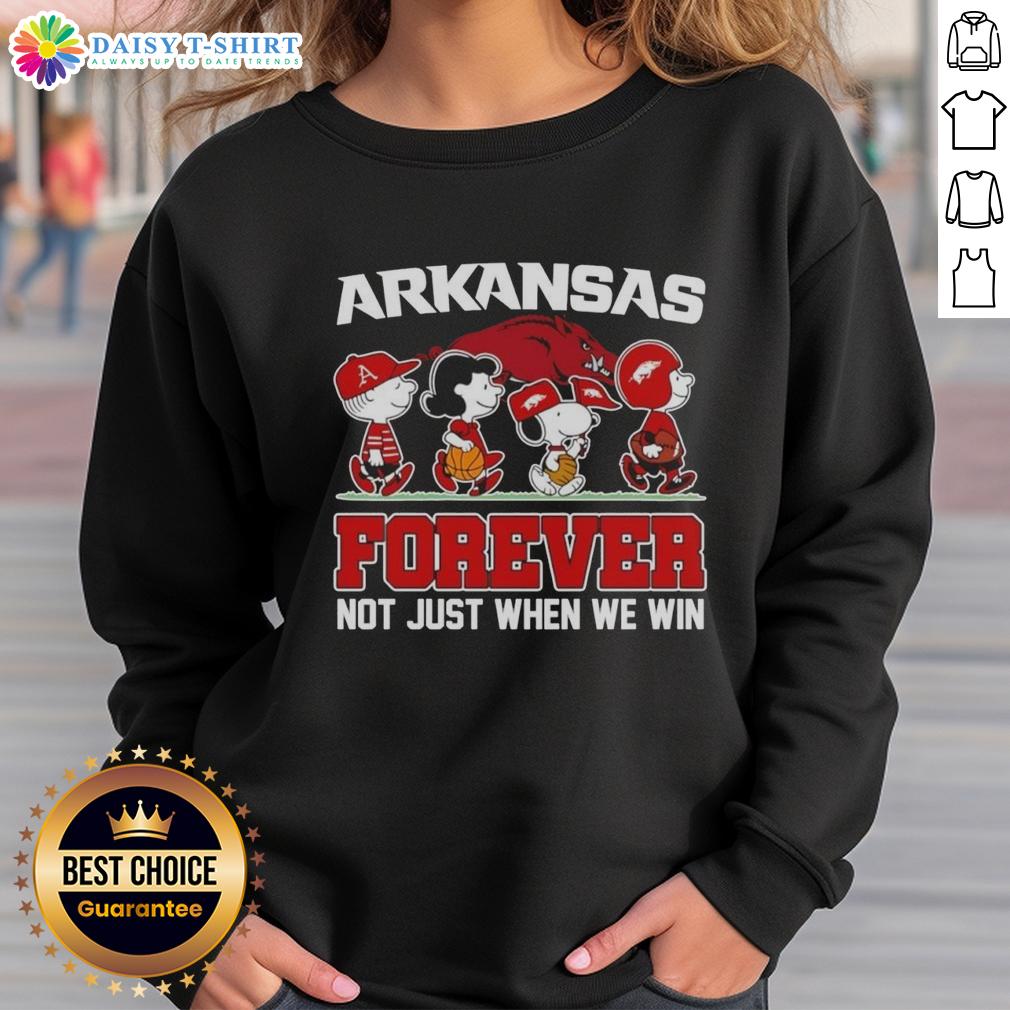 Pretty Peanuts x Arkansas Razorbacks sweatshirt featuring cartoon characters, perfect for loyal fans all season long.