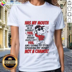 Pretty Snoopy in a red hoodie, showcasing Joe Cool style on a ladies' tee, perfect for casual and fun outfits.