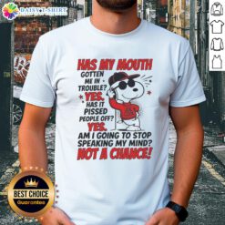 Alt Text: Cute Snoopy in a red hoodie with 'Joe Cool' graphic, showcasing a fun T-shirt about speaking out and its consequences.