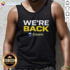 Buffalo Sabres 'We Are Back' 2026 Stanley Cup Playoffs tank top featuring team colors and logo, perfect for fans.