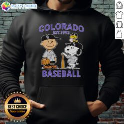 Charlie Brown, Snoopy, and Woodstock in Colorado Rockies baseball jersey hoodie, established 1993, vibrant design.