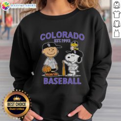 Alt Text: Charlie Brown, Snoopy, and Woodstock wearing a Colorado Rockies jersey on a sweatshirt, est. 1993 design.