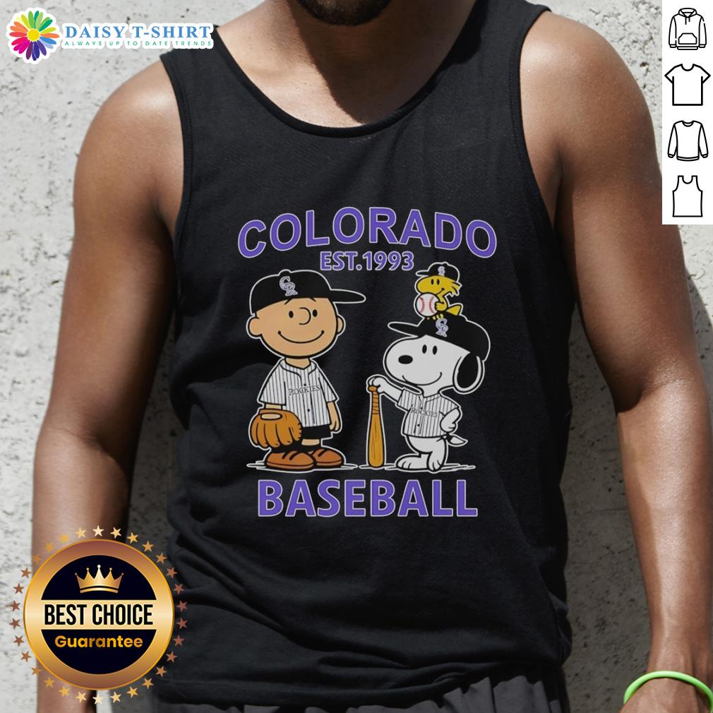 Alt Text: Charlie Brown, Snoopy, and Woodstock wearing a Colorado Rockies jersey on a stylish tank top, established 1993.