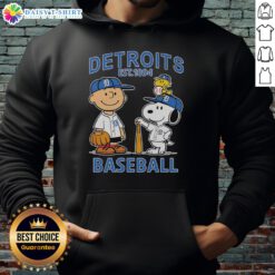 Alt Text: Charlie Brown, Snoopy, and Woodstock in Detroit Tigers baseball jersey hoodie, celebrating the team's est. 1894.