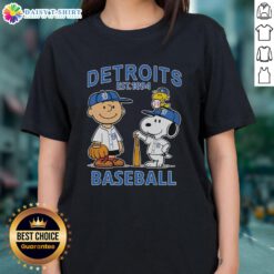Charlie Brown, Snoopy, and Woodstock in Detroit Tigers baseball jersey, Est. 1894 on ladies tee shirt design.
