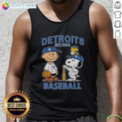 Charlie Brown, Snoopy, and Woodstock wearing a Detroit Tigers jersey on a stylish tank top, est. 1894 design.
