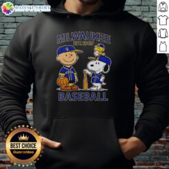 Alt Text: Charlie Brown, Snoopy, and Woodstock wearing Milwaukee Brewers baseball jersey hoodie, established 1969.