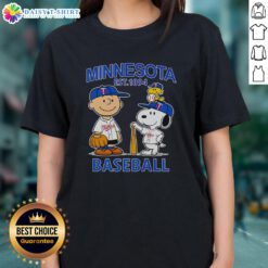Alt Text: Charlie Brown, Snoopy, and Woodstock in Minnesota Twins baseball jersey 'Est. 1894' on a ladies tee shirt.