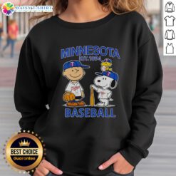 Alt Text: Charlie Brown, Snoopy, and Woodstock in Minnesota Twins baseball jersey sweatshirt, est. 1894 design.