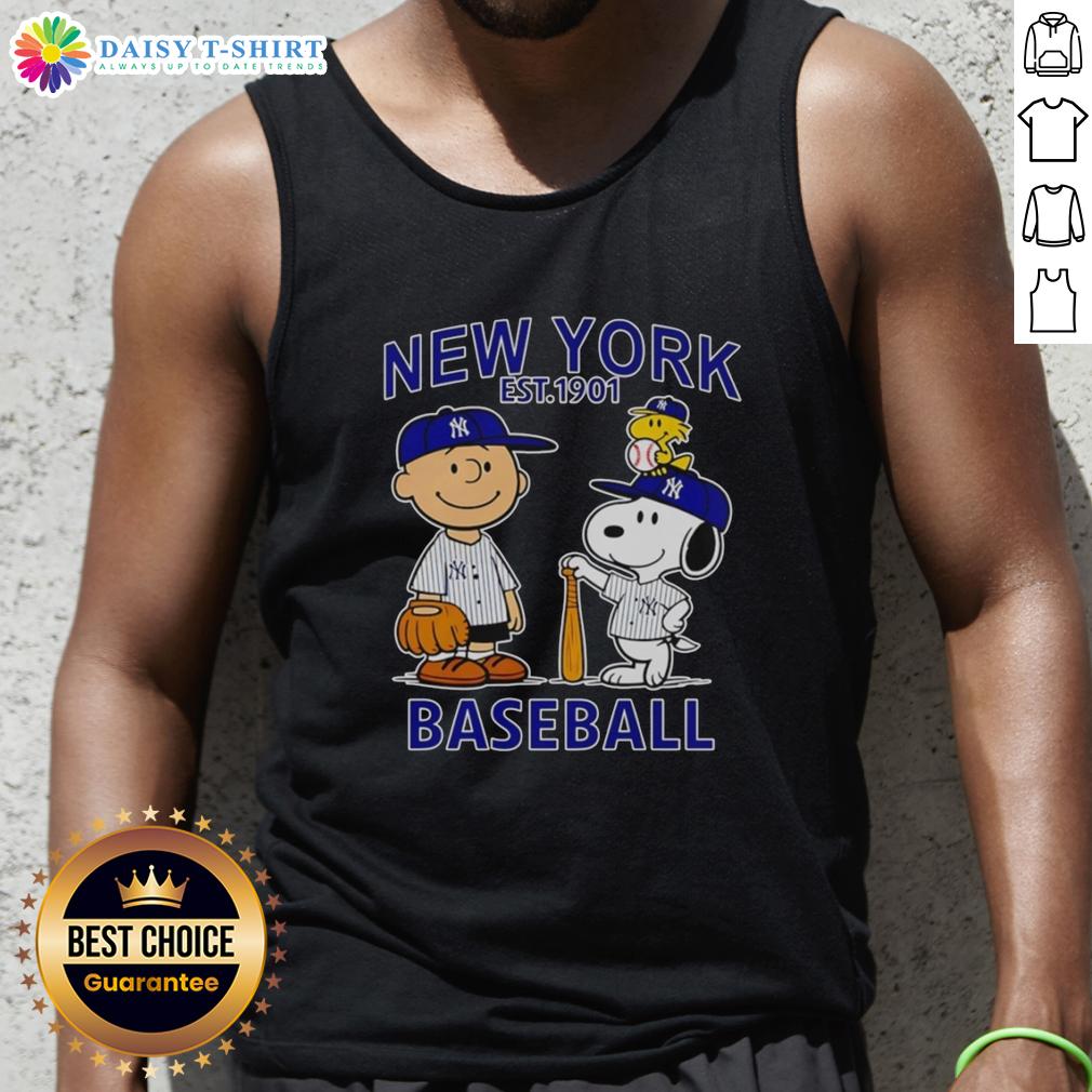 Alt Text: Charlie Brown, Snoopy, and Woodstock wearing a New York Yankees baseball jersey tank top, Est. 1901 design.