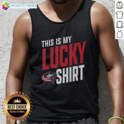 Columbus Blue Jackets fan wearing a lucky tank top, showcasing team spirit at a game, vibrant blue and white colors.