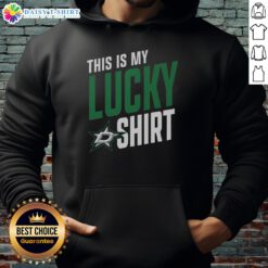 Fan wearing a 'This Is My Lucky Hoodie' supporting the Dallas Stars at a hockey game, showcasing team spirit.