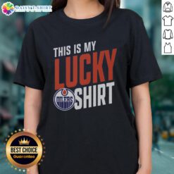 Top Edmonton Oilers This Is My Lucky Ladies Tee in blue, showcasing team pride and style for female fans.