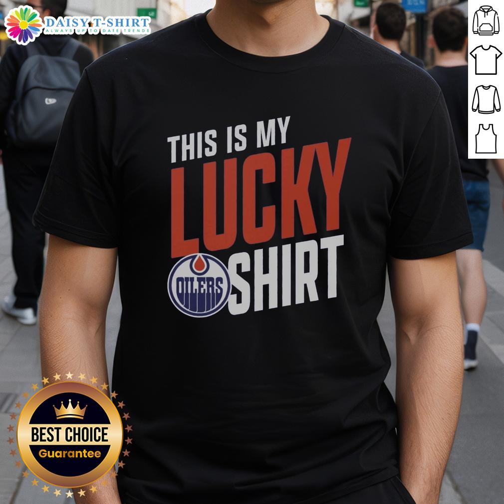 Alt Text: Top Edmonton Oilers 'This Is My Lucky T-Shirt' design featuring team colors and logo, perfect for fans.