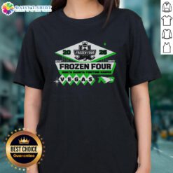 Top North Dakota Fighting Hawks Men's Hockey 2026 NCAA Frozen Four Vegas logo on a ladies tee shirt.
