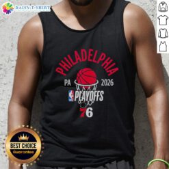 Top Philadelphia 76ers 2026 Playoffs NBA tank top featuring team colors and logo, perfect for basketball fans.