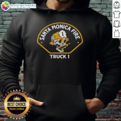 Top Santa Monica Fire Tiller Truck 1 hoodie featuring a vibrant design and logo, perfect for fire department supporters.