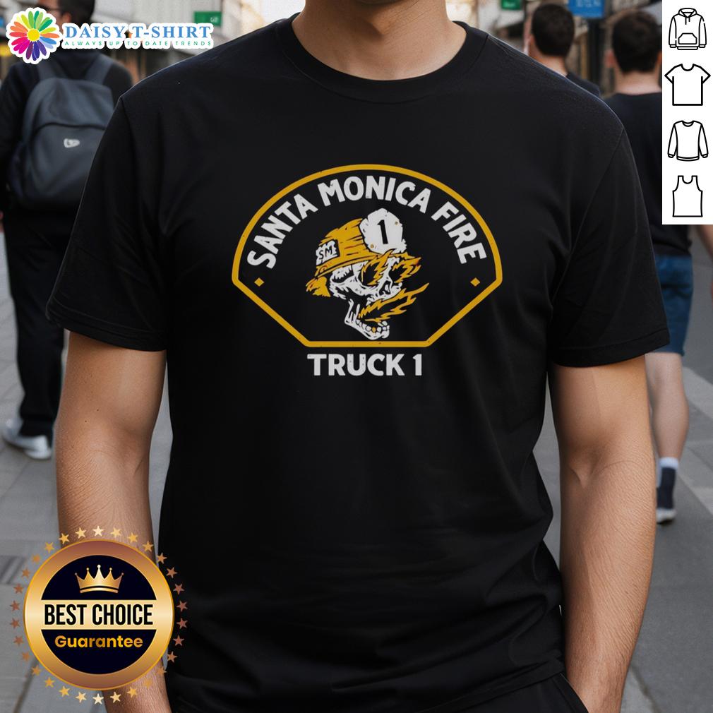 Top Santa Monica Fire Tiller Truck 1 T-Shirt featuring a vibrant design of the iconic fire truck for enthusiasts.