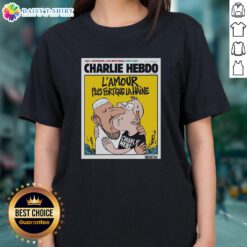Two men kissing in a heartfelt moment, inspired by Charlie Hebdo's L'Amour Plus Fort Que La Haine, featured on a ladies tee.