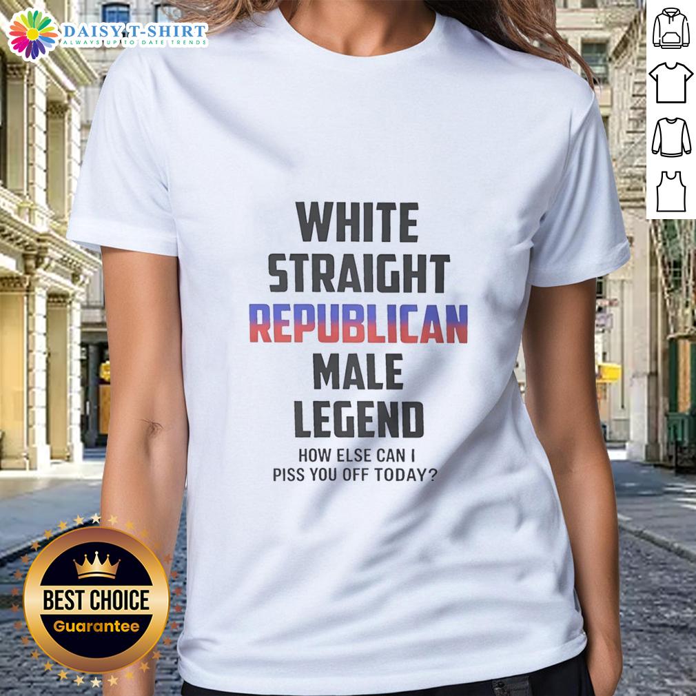 Alt Text: Top White Straight Republican Male Legend graphic tee for women, featuring humorous slogan for political satire.
